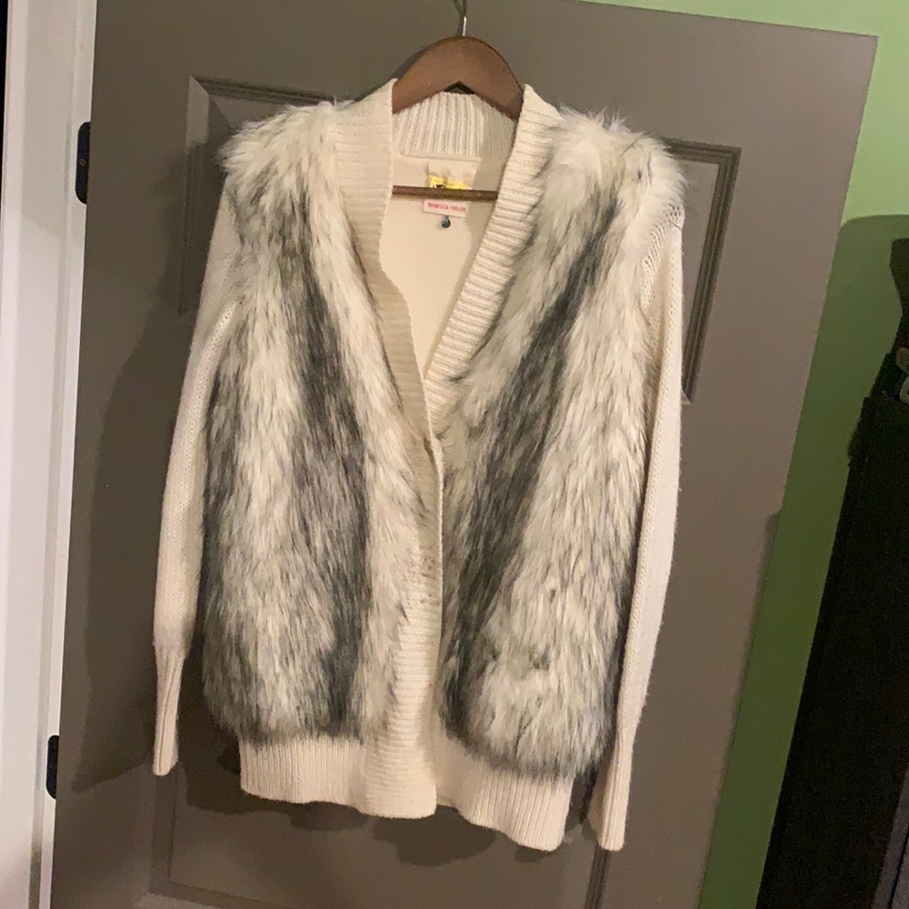 Rebecca Taylor faux fur  well cardigan sweater size small cream color